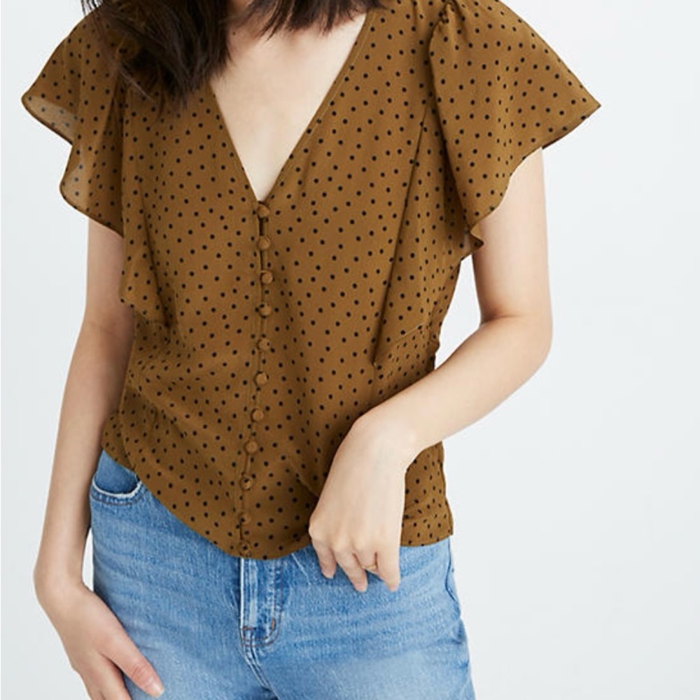 MADEWELL Women's Polka Dot 100% Silk Flutter Sleeve Top Size 0 Green/Brown